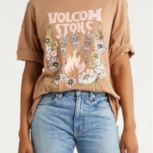 Volcom Stone Women's Brown Graphic Tee - Oversized T-Shirt Floral & Skeletons - Picture 2 of 4